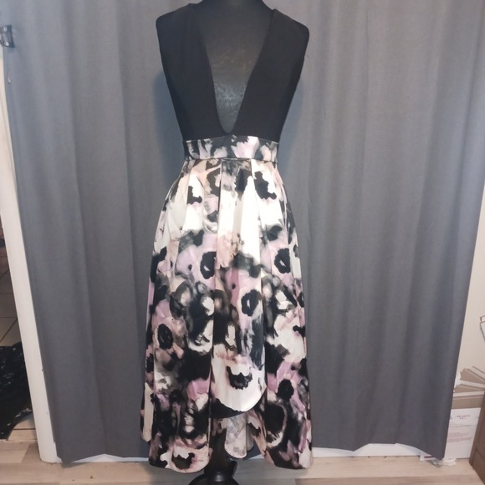 Ignite Evenings Floral Cottagecore Tafetta High Low‎ Gown Black Pink 10 Dress